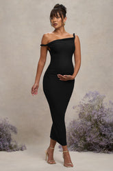 Black Twisted Asymmetric Maternity Midi Dress